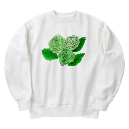 緑のバラ3輪 輪郭黒線 Heavyweight Crew Neck Sweatshirt