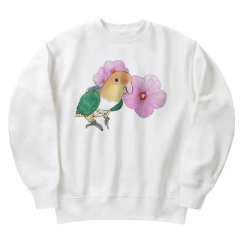 お花とシロハラインコちゃん【まめるりはことり】 Heavyweight Crew Neck Sweatshirt