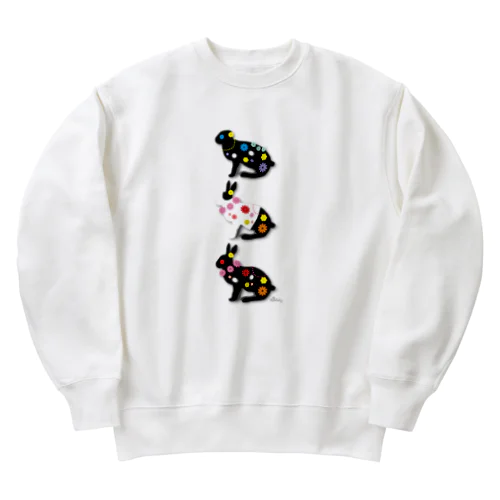 うさぎ3匹と花 Heavyweight Crew Neck Sweatshirt