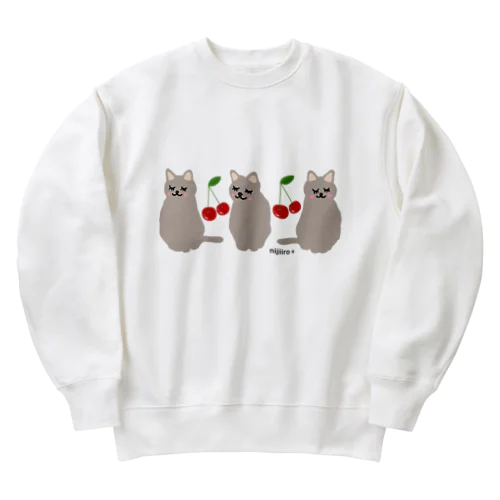 おすましキュートな猫ちゃんとサクランボ  グレーカラー Heavyweight Crew Neck Sweatshirt