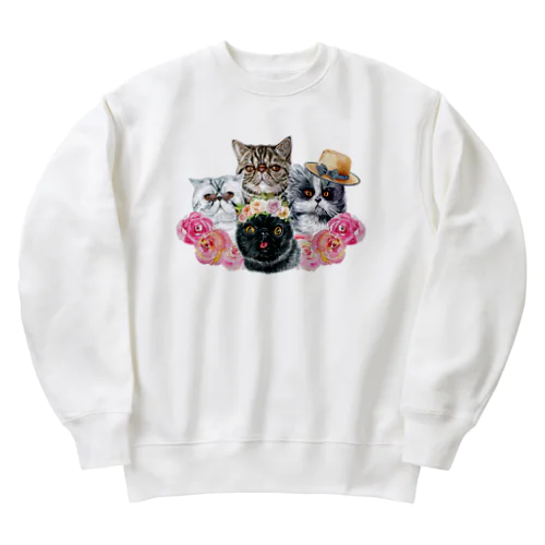 仲良し！ぺちゃかわ猫ちゃんたちのバカンス。 Heavyweight Crew Neck Sweatshirt