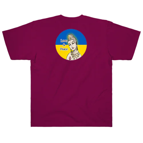 Love＆Peace観世音菩薩ウクライナ国旗背景 ヘビーウェイトTシャツ