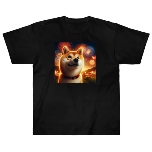 柴犬、花火を見る ヘビーウェイトTシャツ