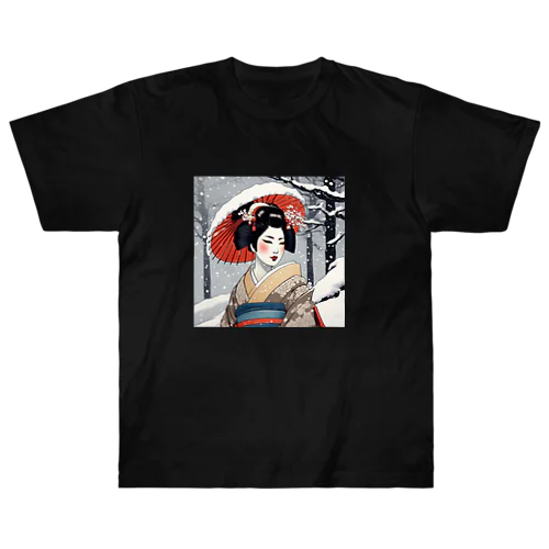 日本の風景:雪の降る中の舞妓さん、Jpanese senery:MAIKO in snow ヘビーウェイトTシャツ