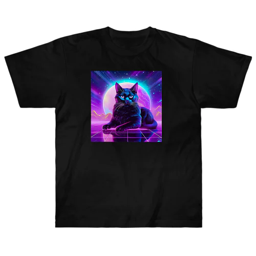 Black Cat in The VaporWave World.(蒸気波世界のクロネコ) ヘビーウェイトTシャツ