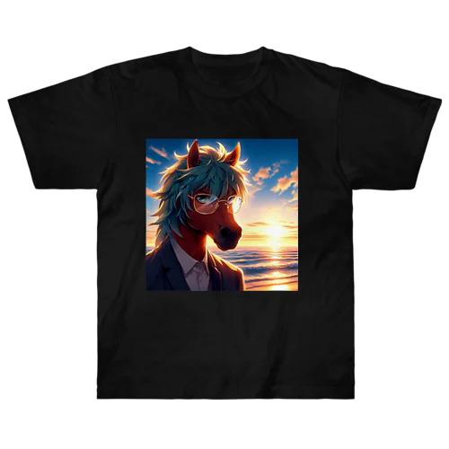 弁護士の馬、夕焼けの浜辺で自撮りする Heavyweight T-Shirt