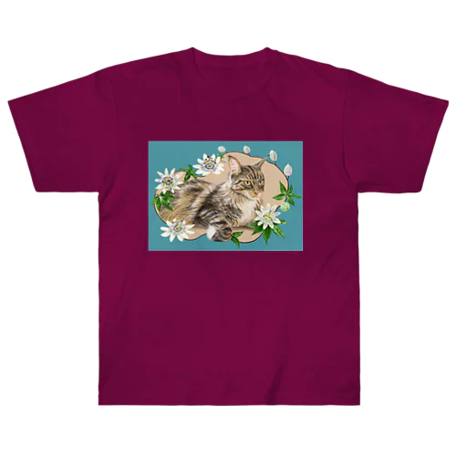 🌼花と猫😸　トケイソウ ヘビーウェイトTシャツ