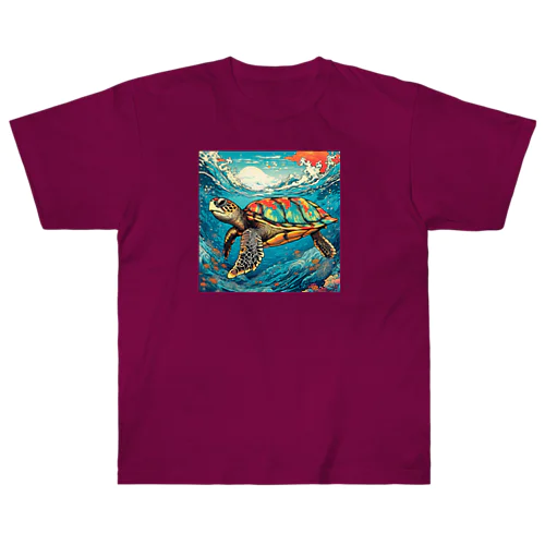 日本の風景:荒波にもまれる海がめ、Japanese scenery: Sea turtle caught in rough waves Heavyweight T-Shirt