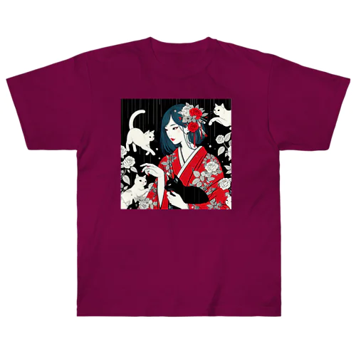 ネコ三昧（黒い空間・浮世絵風） Heavyweight T-Shirt