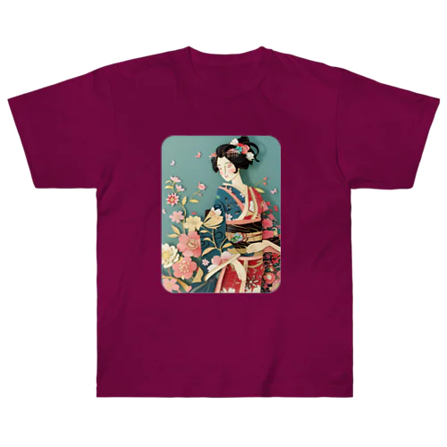 着物女性の切り絵アート　―　Kimono woman paper-cutting art　ー Heavyweight T-Shirt