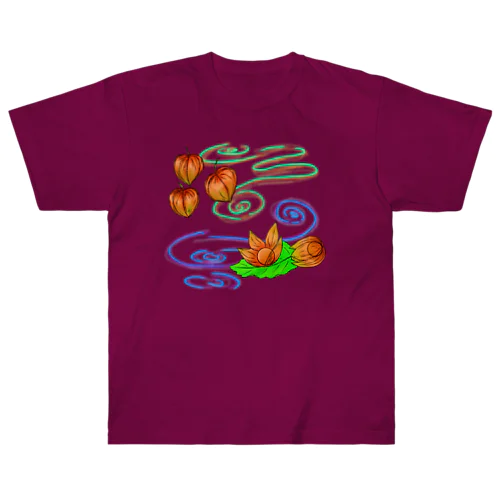 ホオズキ 水紋背景（和柄） ヘビーウェイトTシャツ