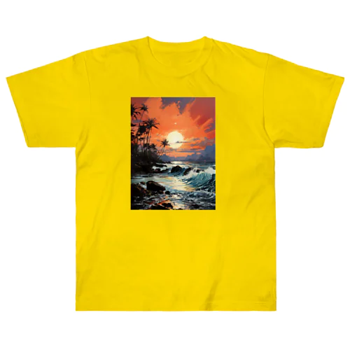 波と夕日 Heavyweight T-Shirt