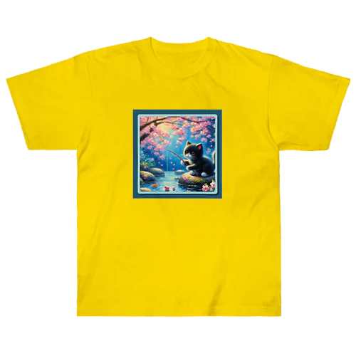 黒猫の花見しながらお魚釣り Heavyweight T-Shirt