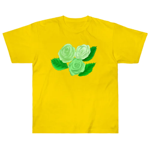 緑のバラ3輪 輪郭緑色 ヘビーウェイトTシャツ