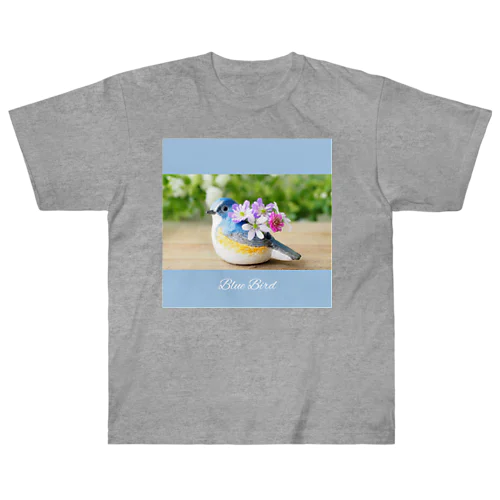[文字入り]雪割草と幸せの青い鳥ルリビタキ(正方形・枠) ヘビーウェイトTシャツ