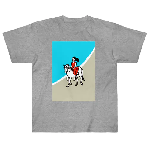 赤いワンピースの女の子と白馬 海辺 Heavyweight T-Shirt