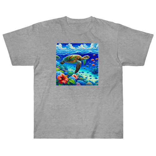 日本の風景:沖縄渡嘉志久ビーチの泳ぐ海がめ、Japanese scenery: Sea turtle swimming at Tokashiki Beach, Okinawa ヘビーウェイトTシャツ