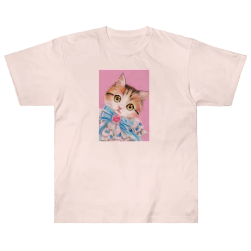 ふわふわスタイの三毛猫ちゃん　ミニパステル肖像画 ヘビーウェイトTシャツ