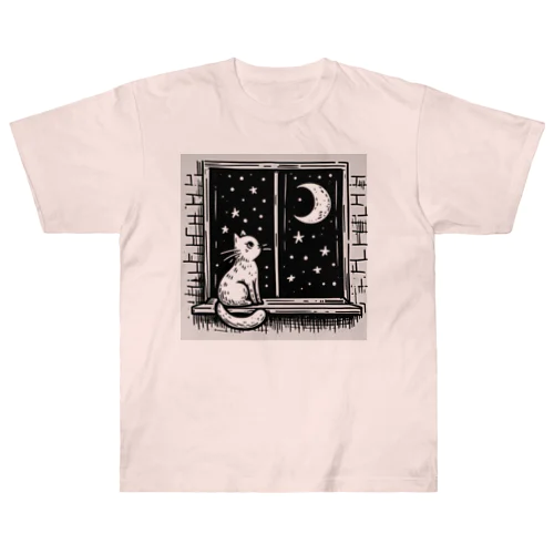 夜空を眺める白猫 Heavyweight T-Shirt