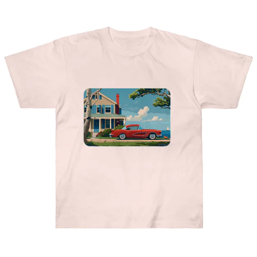 赤いコルベットと海辺の家　－　red corvette and seaside house　－ ヘビーウェイトTシャツ