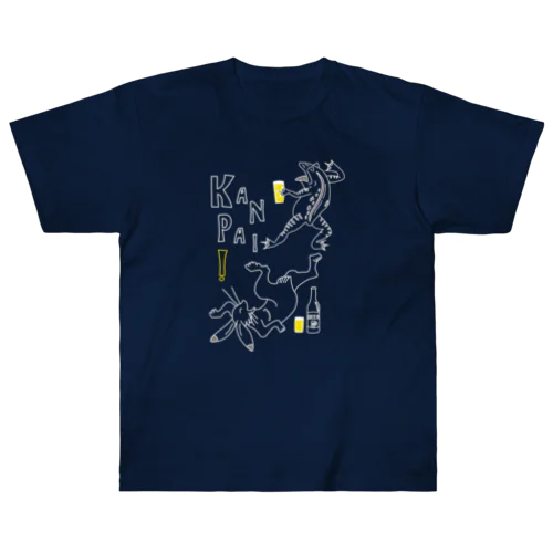 名画 × BEER（鳥獣戯画）ロゴ賑やかver.白線画 Heavyweight T-Shirt