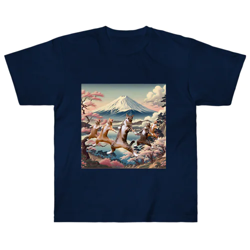 富士山とダンス猫 ヘビーウェイトTシャツ