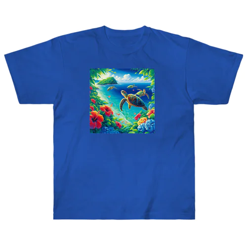 日本の風景:沖縄渡嘉志久ビーチの泳ぐ海がめ、Japanese scenery: Sea turtles swimming at Tokashiki Beach,Okinawa ヘビーウェイトTシャツ