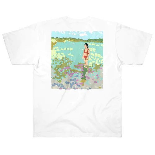 海と赤ビキニの女(ちぎり絵) ヘビーウェイトTシャツ