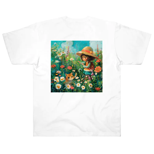 お花畑に囲まれる猫ちゃんと私 アメジスト 2846 Heavyweight T-Shirt