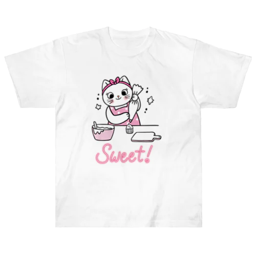 猫　お菓子づくり ヘビーウェイトTシャツ
