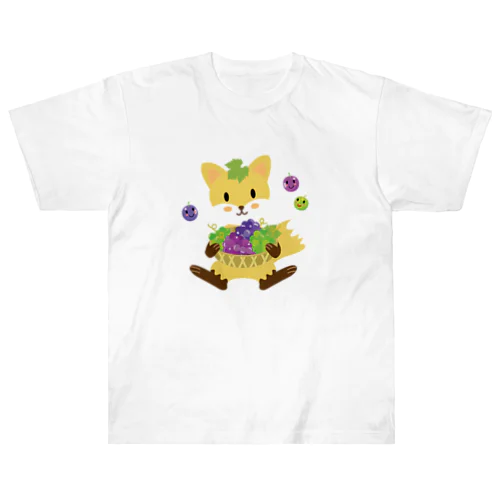 かわいいキツネとブドウ ヘビーウェイトTシャツ