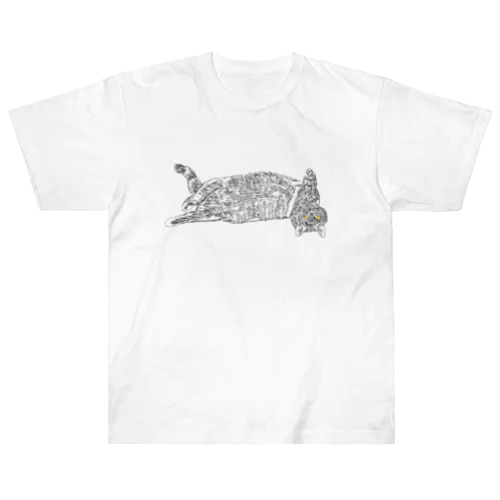 逆さで横たわる猫ちゃん 線画 Heavyweight T-Shirt