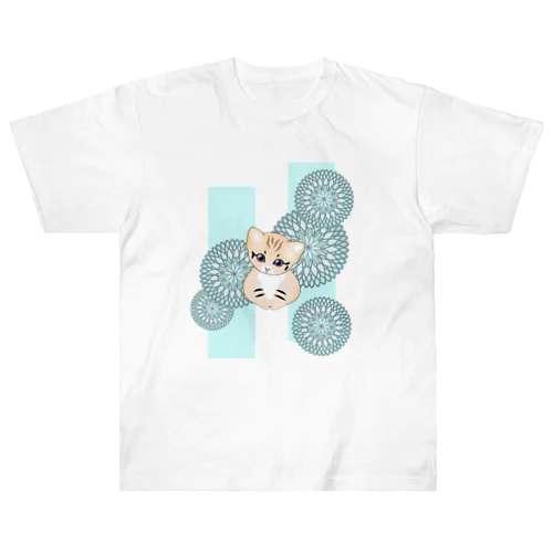 砂漠にいそうな猫さん(和柄/菊/水色) ヘビーウェイトTシャツ