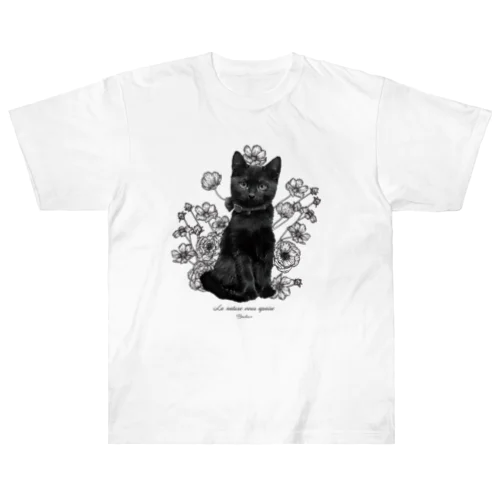 花咲き黒猫 ヘビーウェイトTシャツ