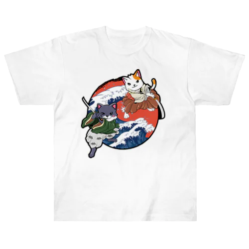 Cute Cat Ninja Shinobi Samurai with Swords ヘビーウェイトTシャツ