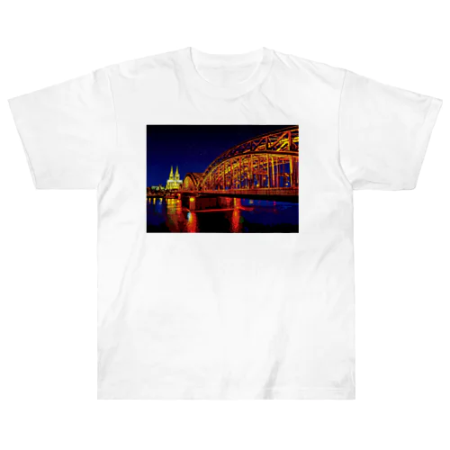 ドイツ 夜のホーエンツォレルン橋とケルン大聖堂 ヘビーウェイトTシャツ