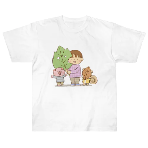葉っぱを持つ子供と動物たちのイラスト ヘビーウェイトTシャツ
