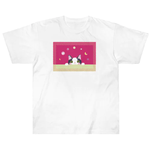 マゼンタピンク！そっと覗く猫 Heavyweight T-Shirt