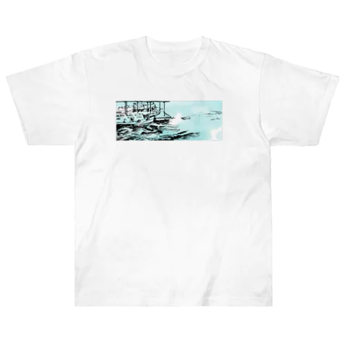 海と船 ドローイング Heavyweight T-Shirt
