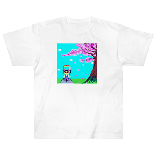 01ドット絵　ruruちゃん/三輪車でお散歩　お花見編 ヘビーウェイトTシャツ