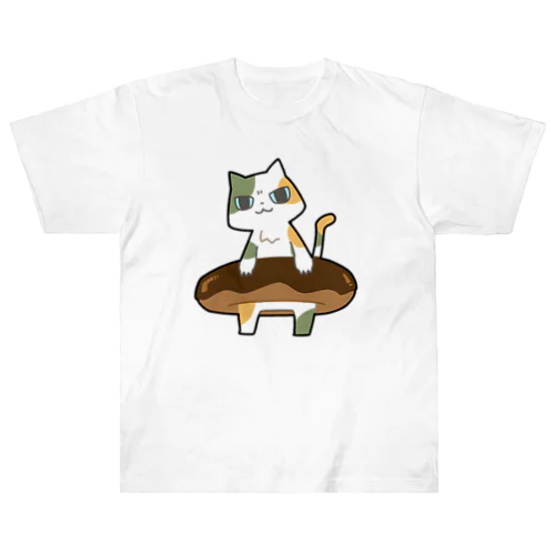 ドーナツをゲットしてご満悦の猫 Heavyweight T-Shirt