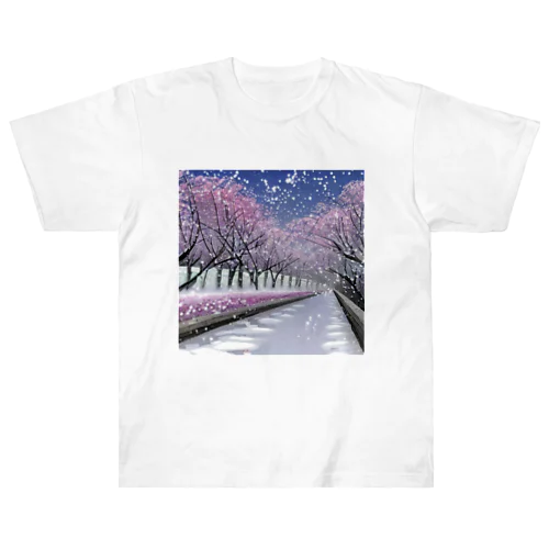 夜の桜並木に雪 ヘビーウェイトTシャツ