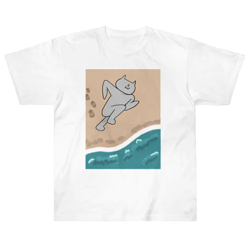 海に向かってはしるネコさん Heavyweight T-Shirt