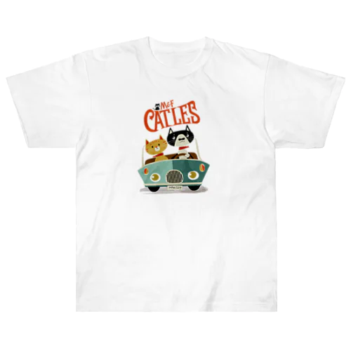 CATLES CAR DRIVE ハチワレ猫とキジトラ猫のドライブ ヘビーウェイトTシャツ