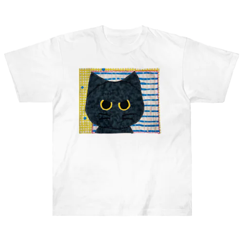 黒猫くろだまの手縫いアップリケ風 ヘビーウェイトTシャツ