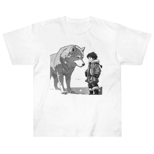 雪原の少年とオオカミ Heavyweight T-Shirt