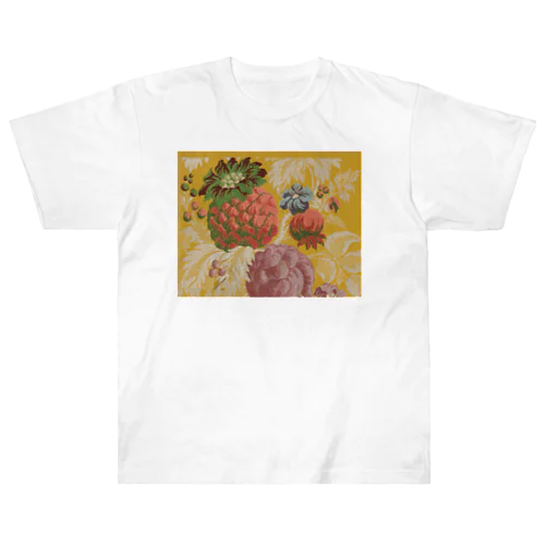 黄色地に赤いパイナップルと紫の果実の模様 ヘビーウェイトTシャツ