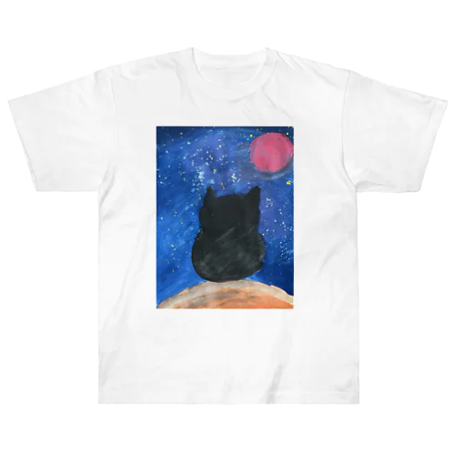 赤い月と夜空を見上げる猫 Heavyweight T-Shirt