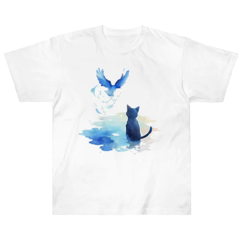 黒猫と青い鳥 Heavyweight T-Shirt