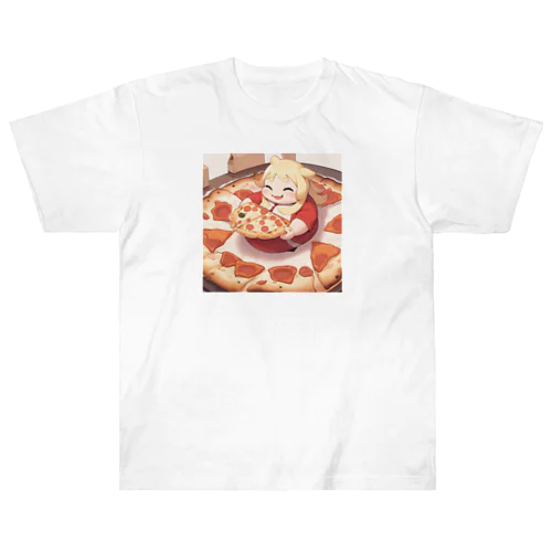 ピザを食べるデブ ヘビーウェイトTシャツ